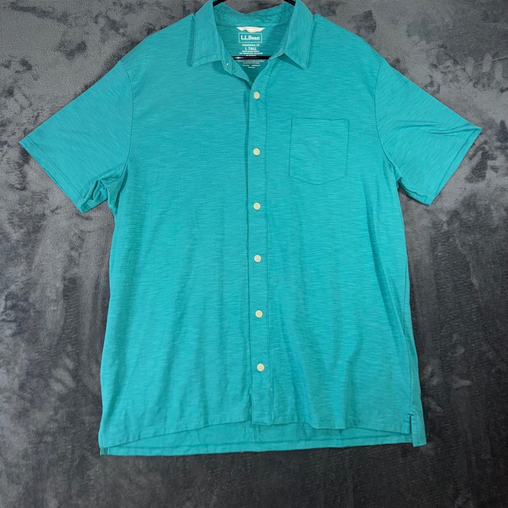 Mens Large Tall LL Bean Button Down Shirt Teal Excellent Slub Knit Short Sleeve